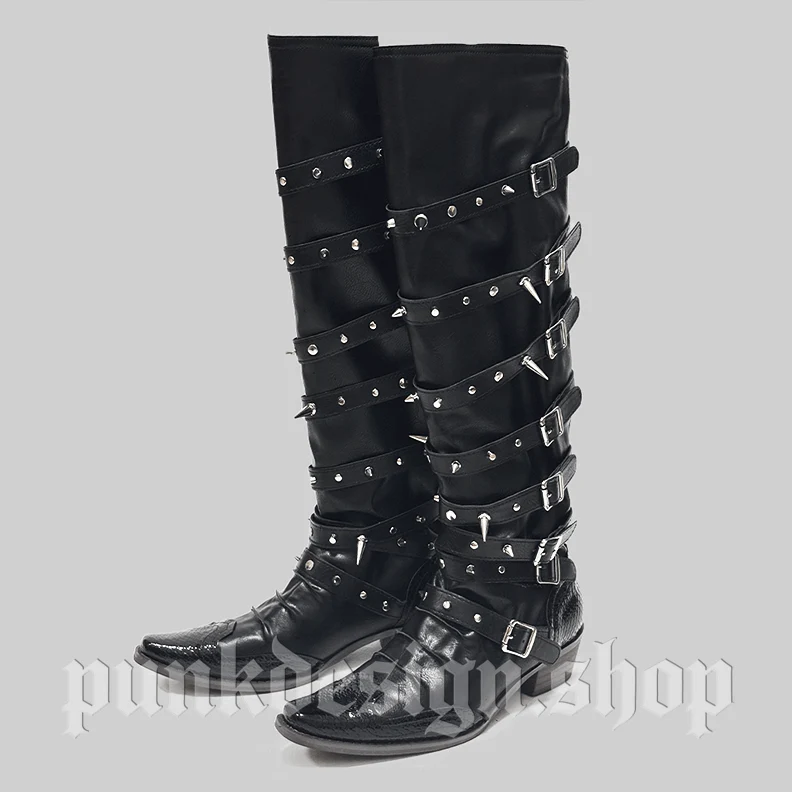Punkige Damen-Kniestiefel mit Nieten, Schnallenriemen und Zierriemen