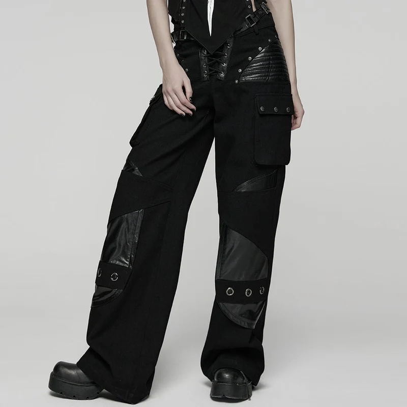 Punk-Schnürhose mit großen Taschen und Schnallenriemen für Damen