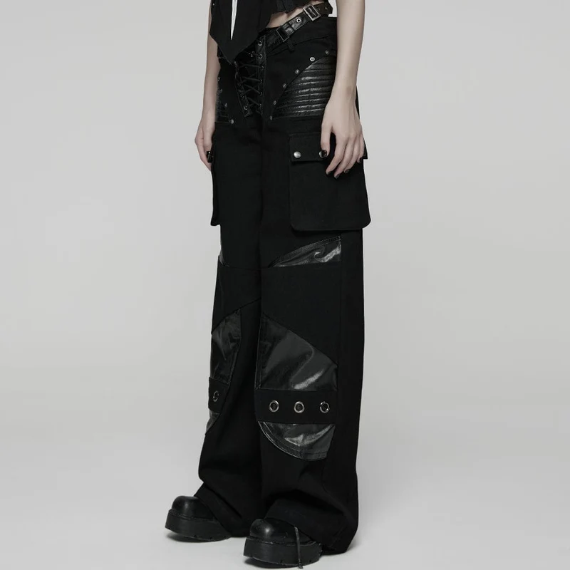 Punk-Schnürhose mit großen Taschen und Schnallenriemen für Damen