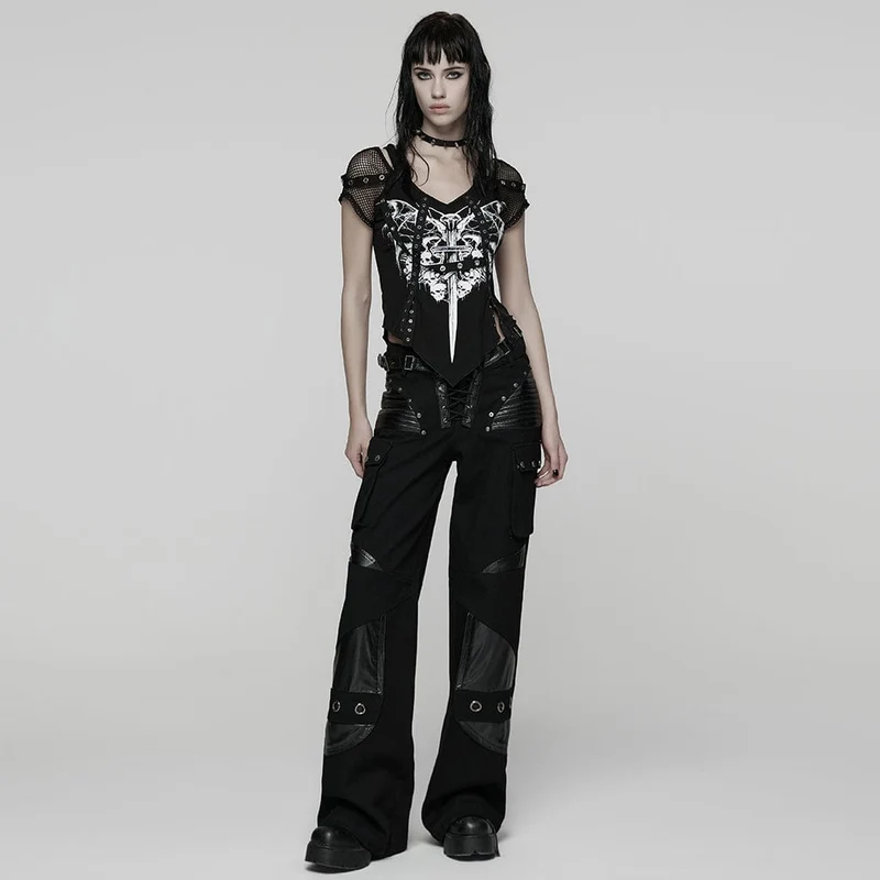 Punk-Schnürhose mit großen Taschen und Schnallenriemen für Damen