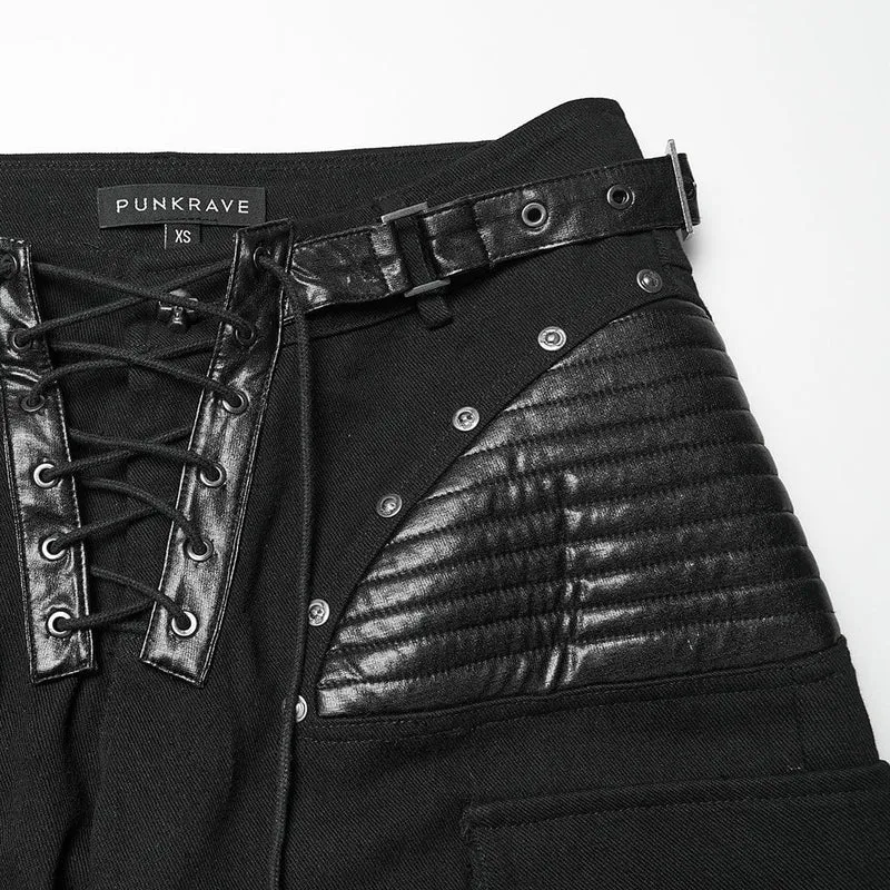 Punk-Schnürhose mit großen Taschen und Schnallenriemen für Damen