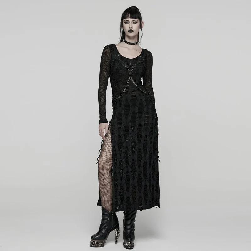 Damen Punk Ripped Eyelet Strap Chian Slit Kleid
