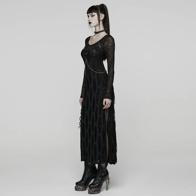 Damen Punk Ripped Eyelet Strap Chian Slit Kleid