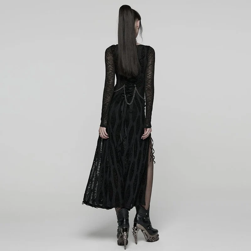 Damen Punk Ripped Eyelet Strap Chian Slit Kleid