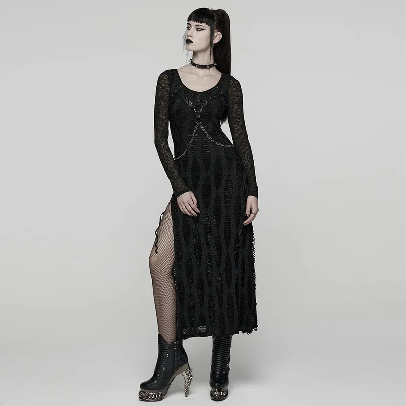 Damen Punk Ripped Eyelet Strap Chian Slit Kleid