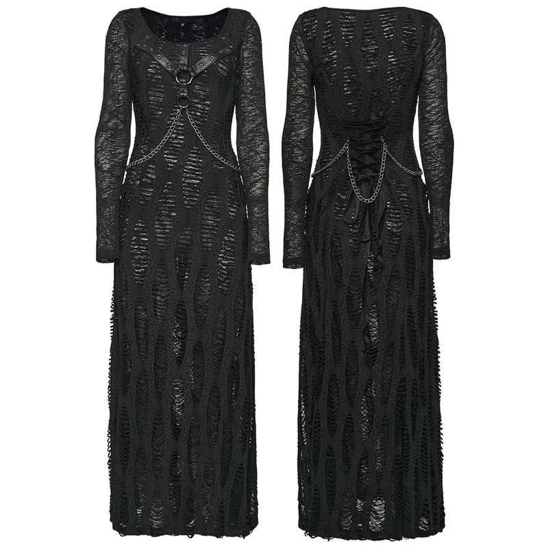 Damen Punk Ripped Eyelet Strap Chian Slit Kleid