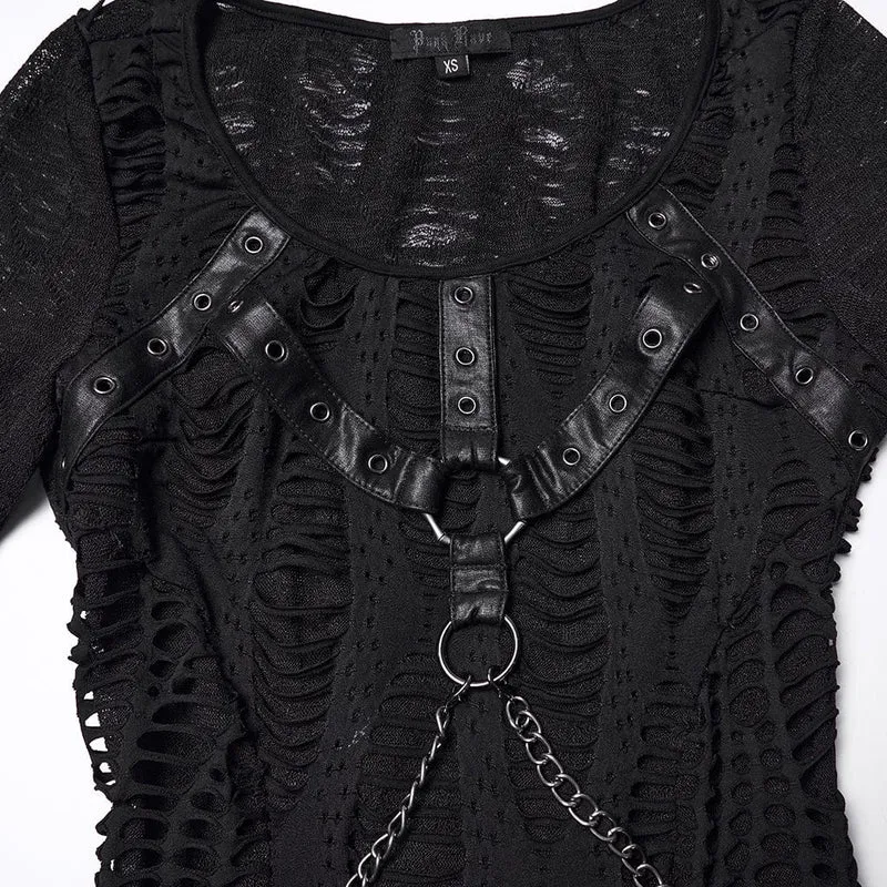 Damen Punk Ripped Eyelet Strap Chian Slit Kleid