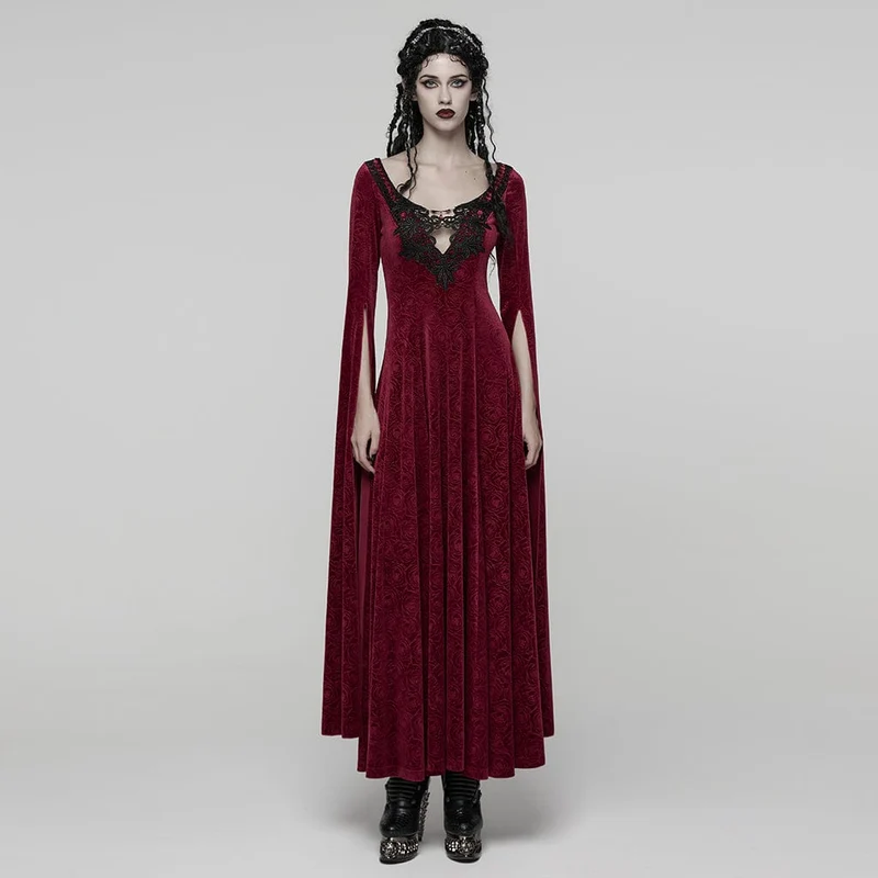 Damen Gothic Rose Printed Cutout Glockenärmel Kleid Brautkleid Rot