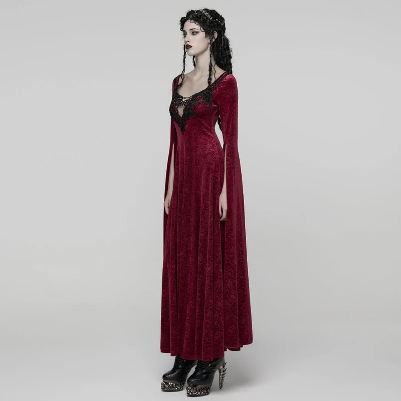 Damen Gothic Rose Printed Cutout Glockenärmel Kleid Brautkleid Rot