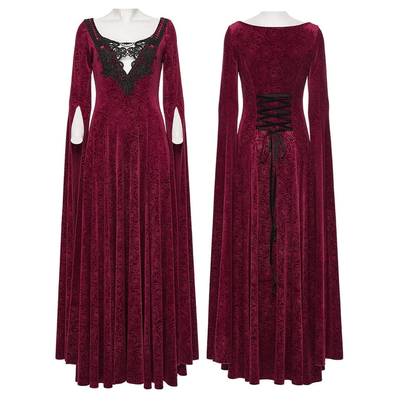 Damen Gothic Rose Printed Cutout Glockenärmel Kleid Brautkleid Rot