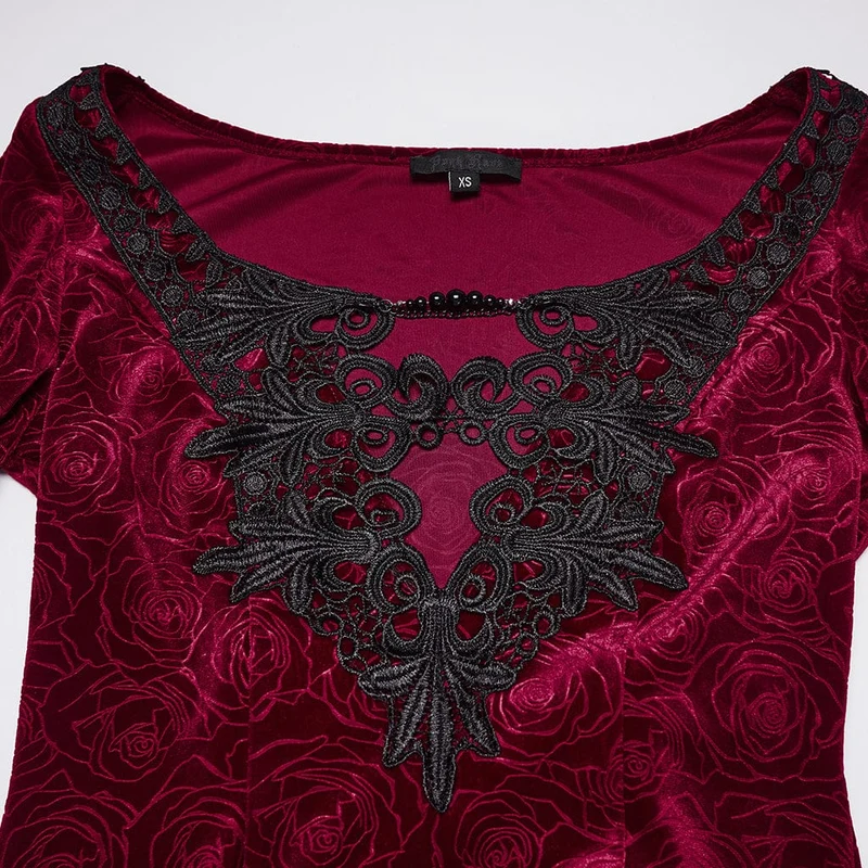 Damen Gothic Rose Printed Cutout Glockenärmel Kleid Brautkleid Rot