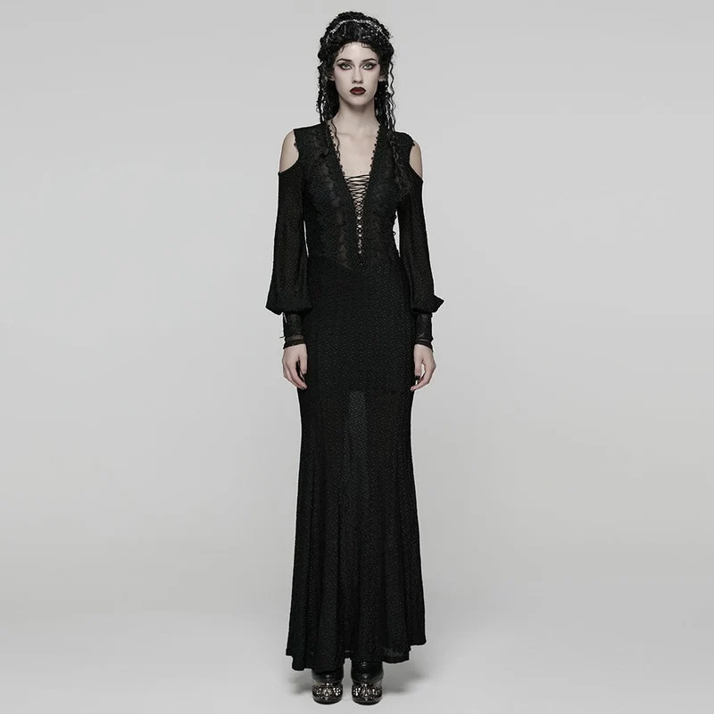 Gothic-Brautkleid mit Blumenmuster, Häkeldetails, tiefem Ausschnitt, schulterfreiem Design und Laternenärmeln