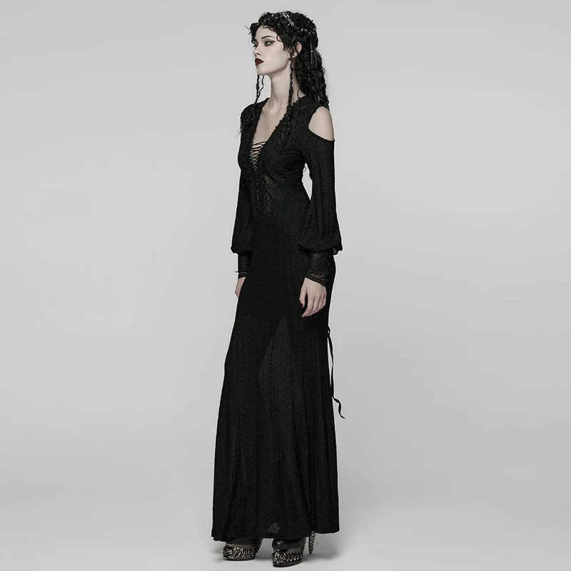 Gothic-Brautkleid mit Blumenmuster, Häkeldetails, tiefem Ausschnitt, schulterfreiem Design und Laternenärmeln