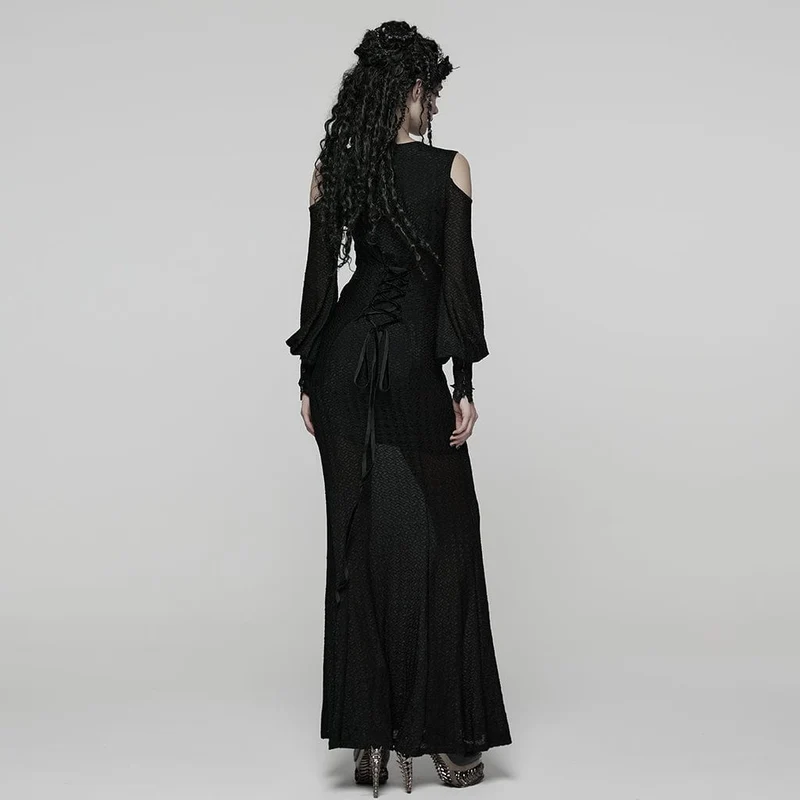 Gothic-Brautkleid mit Blumenmuster, Häkeldetails, tiefem Ausschnitt, schulterfreiem Design und Laternenärmeln
