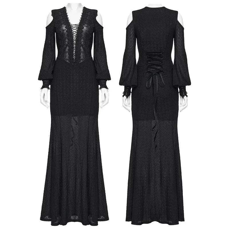 Gothic-Brautkleid mit Blumenmuster, Häkeldetails, tiefem Ausschnitt, schulterfreiem Design und Laternenärmeln