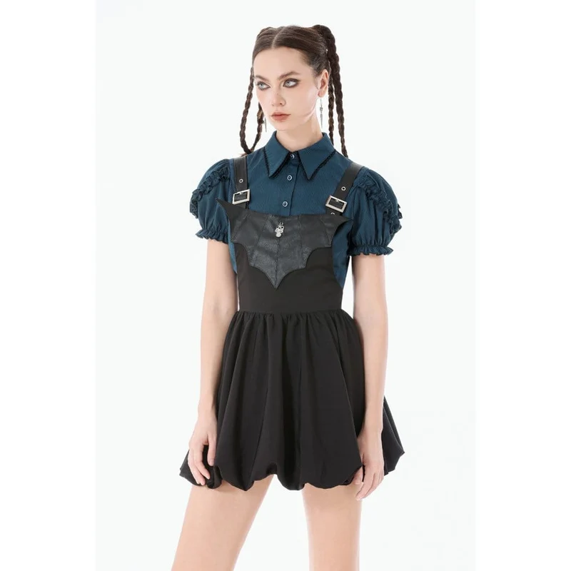 Gothic-Kleid für Damen mit Fledermausflügel-Schnalle, Trägern und Schleppe