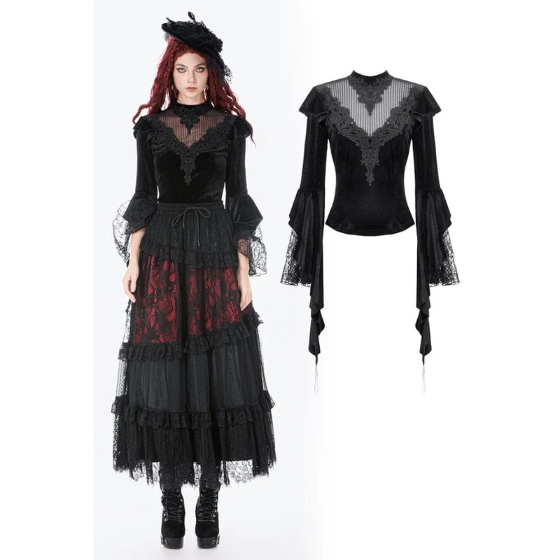 Gothic-besticktes, transparentes Samttop für Damen mit Mesh-Einsätzen