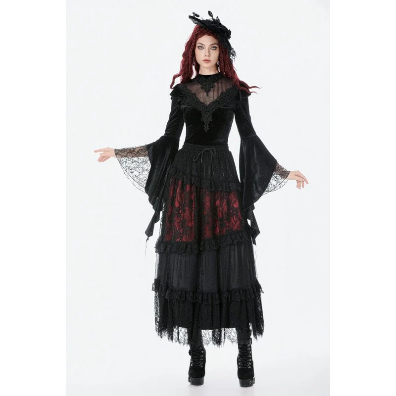 Gothic-besticktes, transparentes Samttop für Damen mit Mesh-Einsätzen
