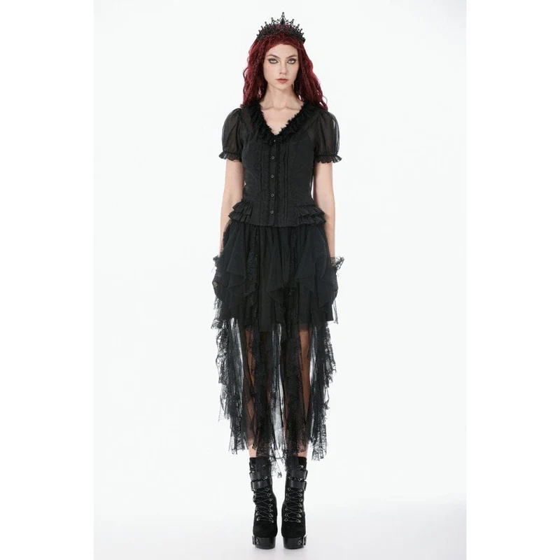 Gothic-Damenbluse, transparent, mehrlagig, mit Rüschen und Puffärmeln