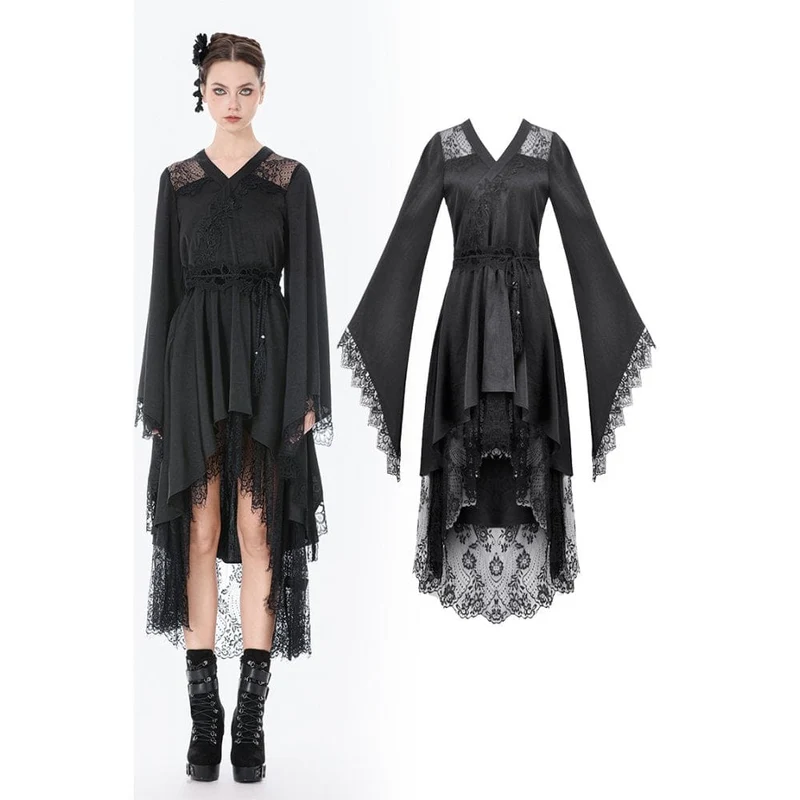 Gothic-Kleid für Damen mit floraler Spitze, transparentem, asymmetrischem Saum und langen Ärmeln