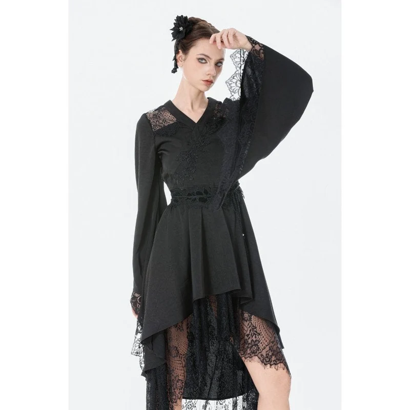 Gothic-Kleid für Damen mit floraler Spitze, transparentem, asymmetrischem Saum und langen Ärmeln