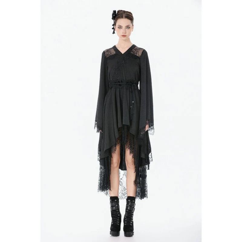 Gothic-Kleid für Damen mit floraler Spitze, transparentem, asymmetrischem Saum und langen Ärmeln