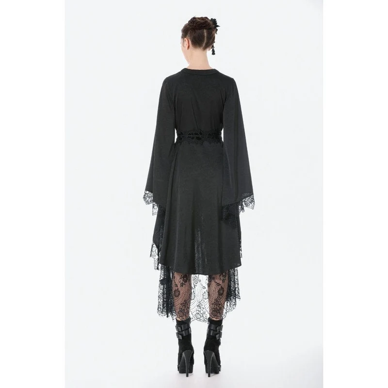 Gothic-Kleid für Damen mit floraler Spitze, transparentem, asymmetrischem Saum und langen Ärmeln