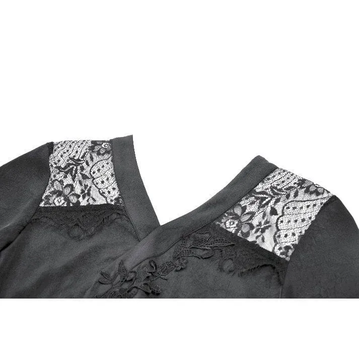 Gothic-Kleid für Damen mit floraler Spitze, transparentem, asymmetrischem Saum und langen Ärmeln