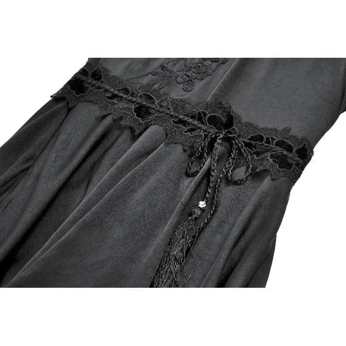 Gothic-Kleid für Damen mit floraler Spitze, transparentem, asymmetrischem Saum und langen Ärmeln