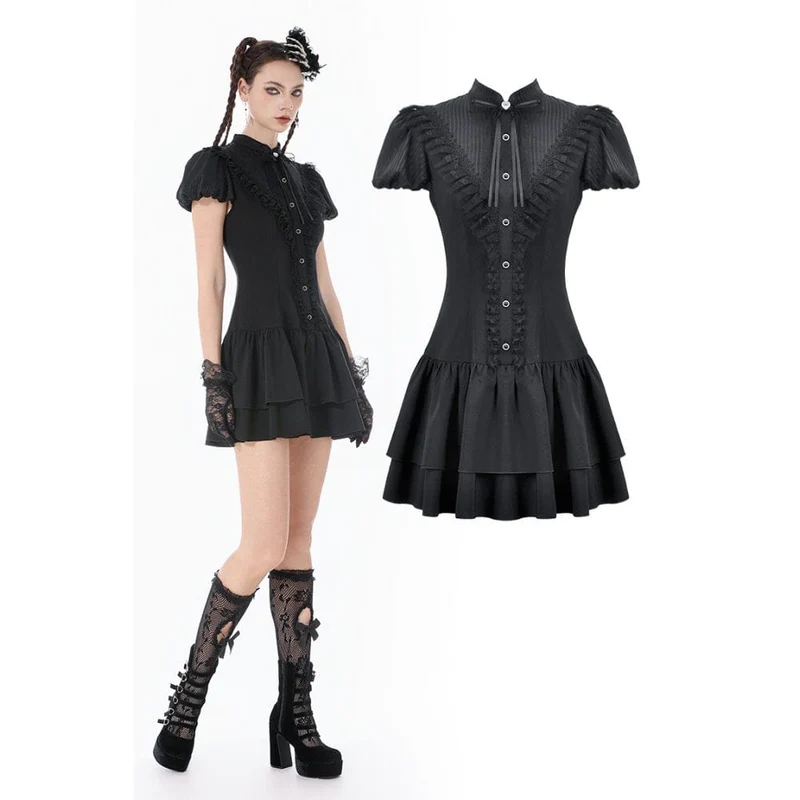 Gothic-Spitzenkleid für Damen mit Falten und Schleifenbesatz