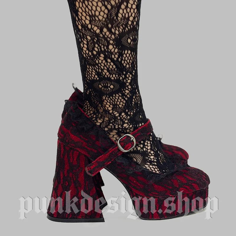 Gothic Mary Jane Schuhe für Damen mit Blumenmuster, Spitze und Schnalle