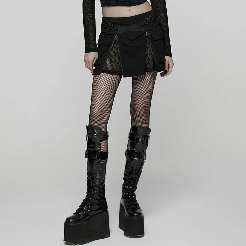 Damen Punk-Techwear-Rock mit Schnalle und Reißverschluss und großen Taschen