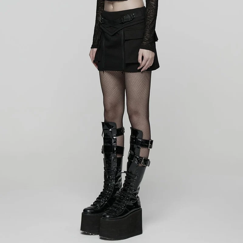 Damen Punk-Techwear-Rock mit Schnalle und Reißverschluss und großen Taschen