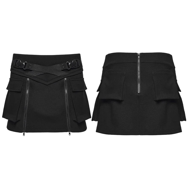 Damen Punk-Techwear-Rock mit Schnalle und Reißverschluss und großen Taschen