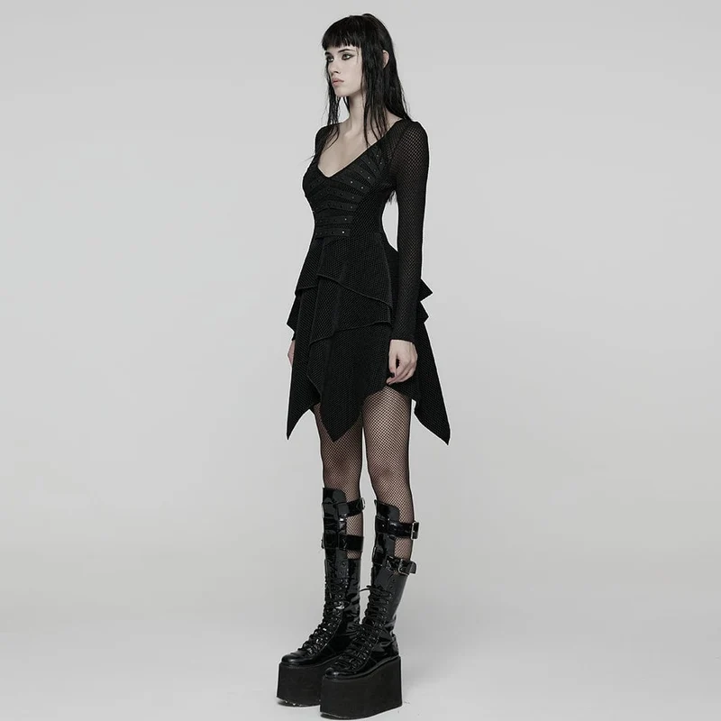 Damen Punk Unregelmäßiges Mehrschicht-Netzkleid mit Saum