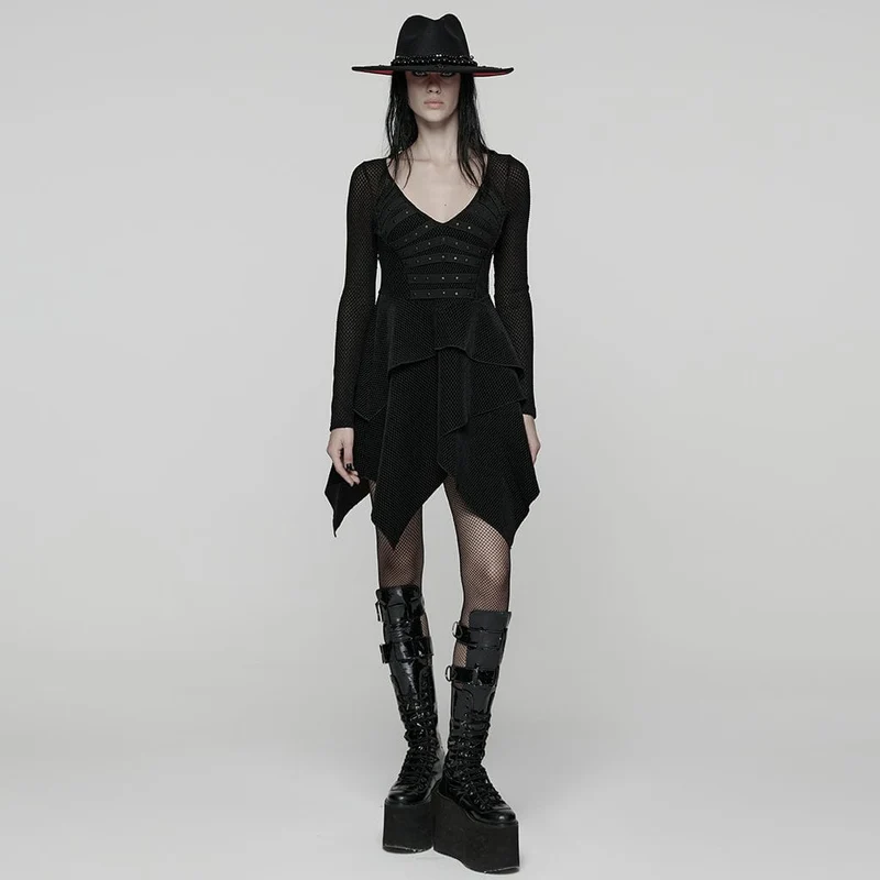 Damen Punk Unregelmäßiges Mehrschicht-Netzkleid mit Saum