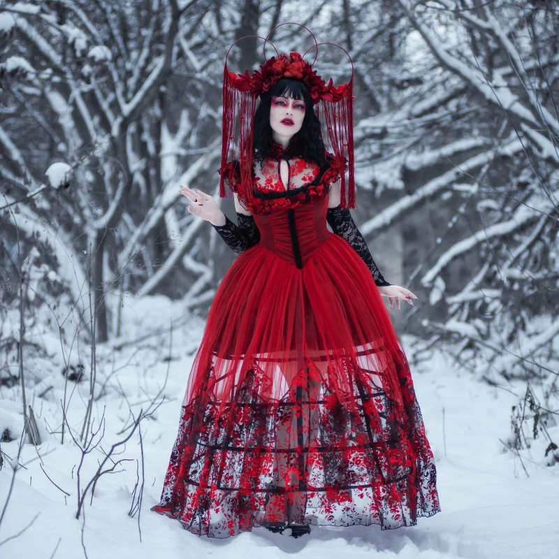 Gothic-Abendkleid mit Blumenmuster und Schnürung für Damen, Hochzeitskleid