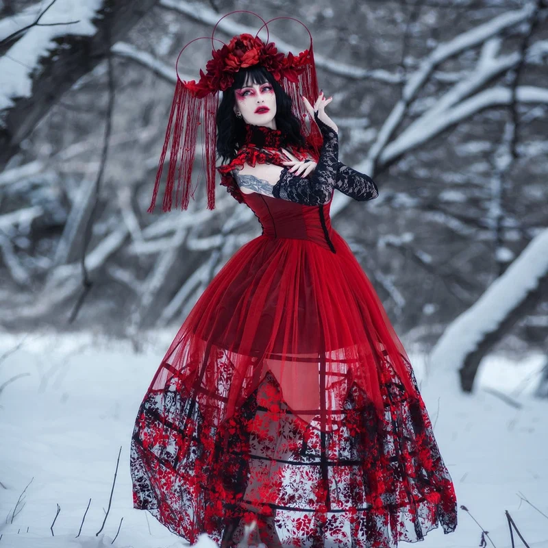 Gothic-Abendkleid mit Blumenmuster und Schnürung für Damen, Hochzeitskleid