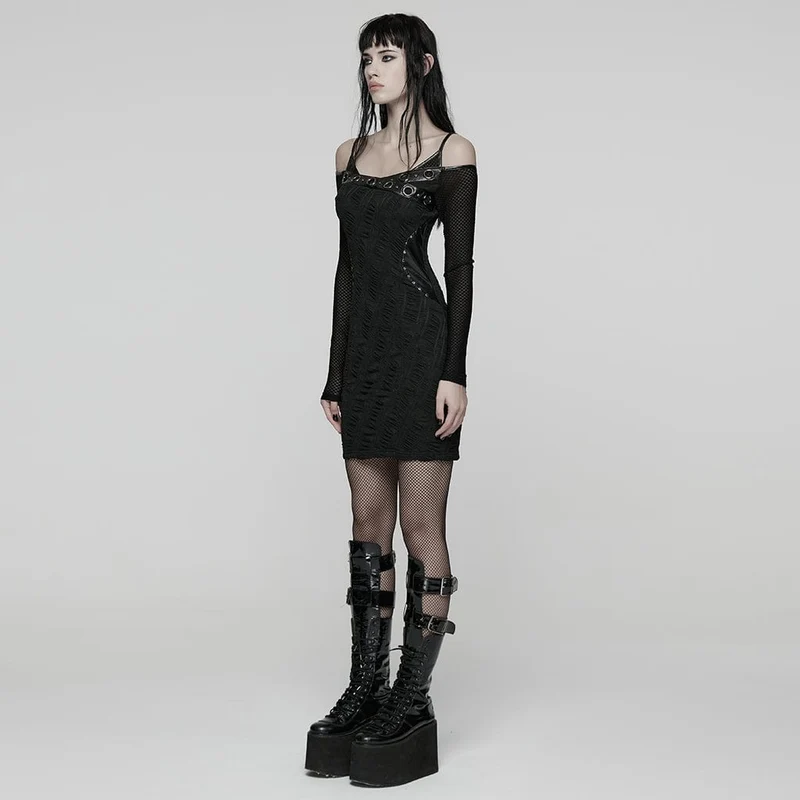 Damen Punk Mesh Splice Rüschen Off-Shoulder Kleid