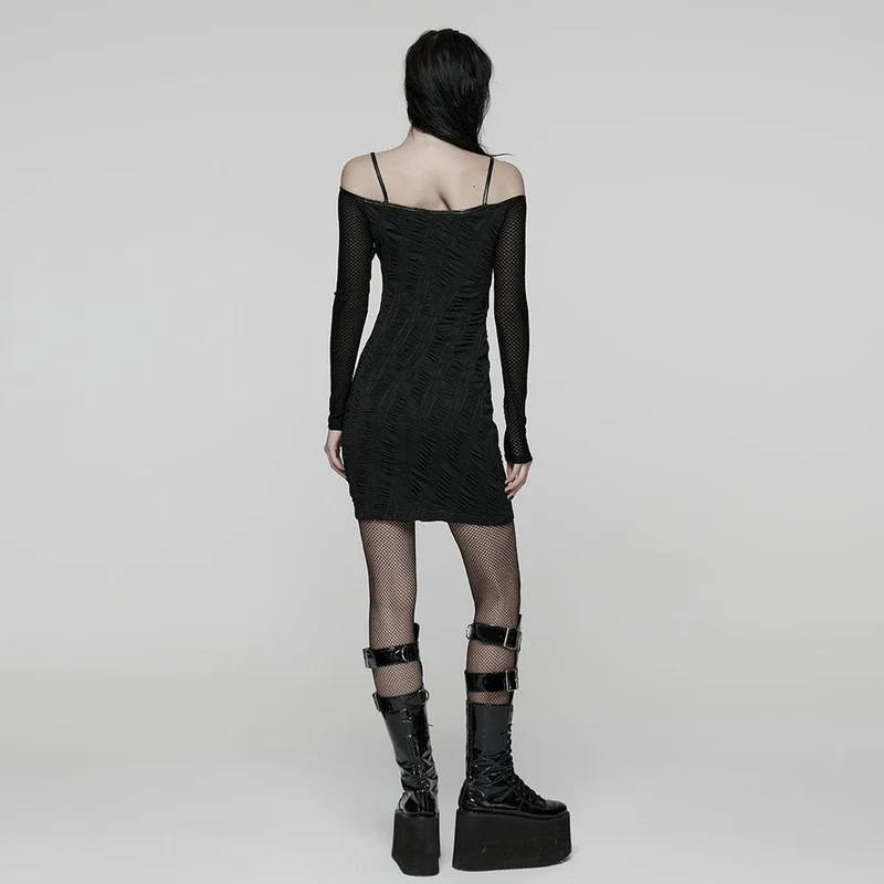 Damen Punk Mesh Splice Rüschen Off-Shoulder Kleid