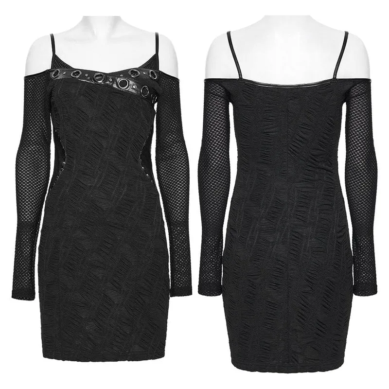 Damen Punk Mesh Splice Rüschen Off-Shoulder Kleid