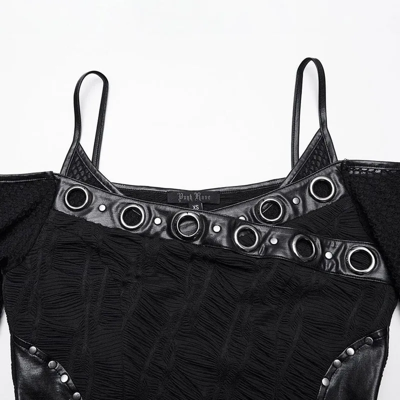Damen Punk Mesh Splice Rüschen Off-Shoulder Kleid