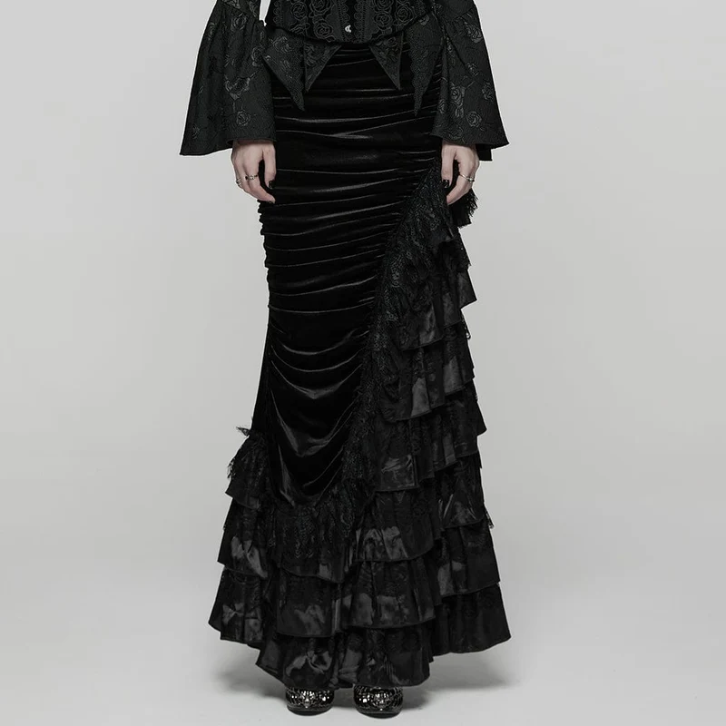 Gothic-Rock mit mehrlagigem Saum und Rüschen für Damen, Schwarz