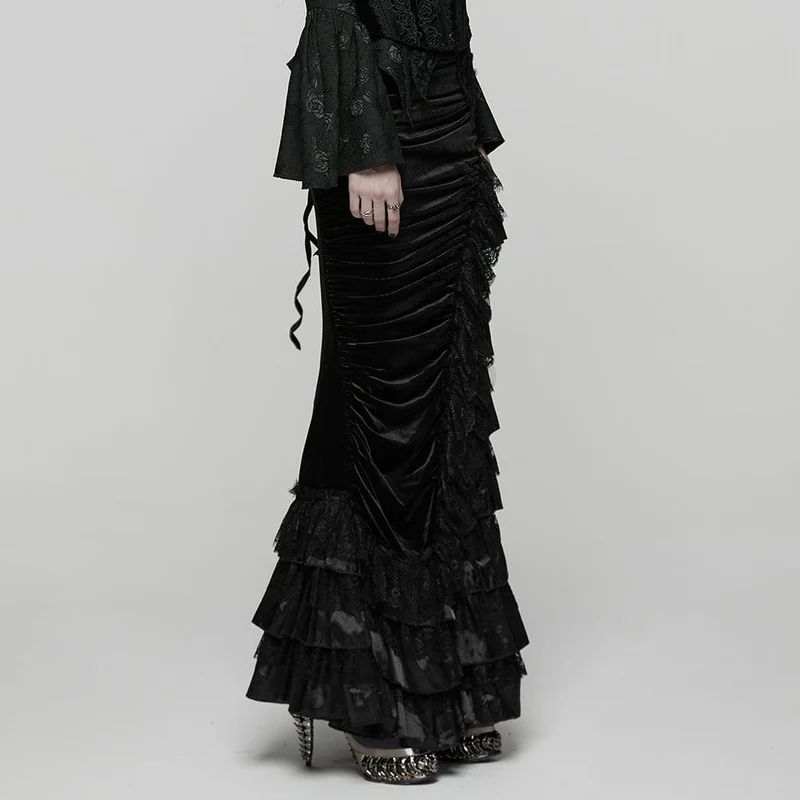 Gothic-Rock mit mehrlagigem Saum und Rüschen für Damen, Schwarz
