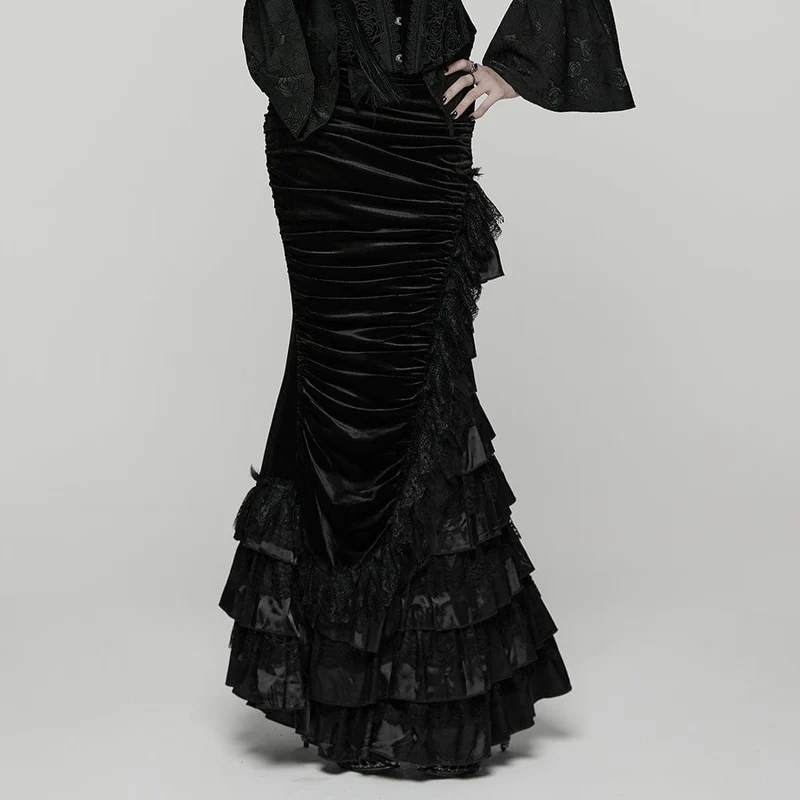 Gothic-Rock mit mehrlagigem Saum und Rüschen für Damen, Schwarz