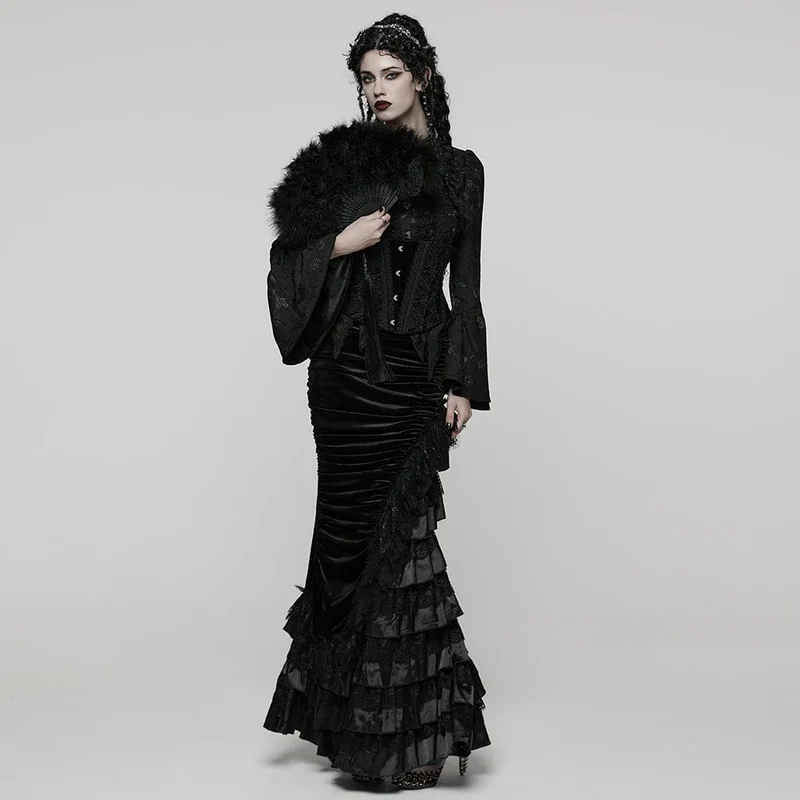 Gothic-Rock mit mehrlagigem Saum und Rüschen für Damen, Schwarz