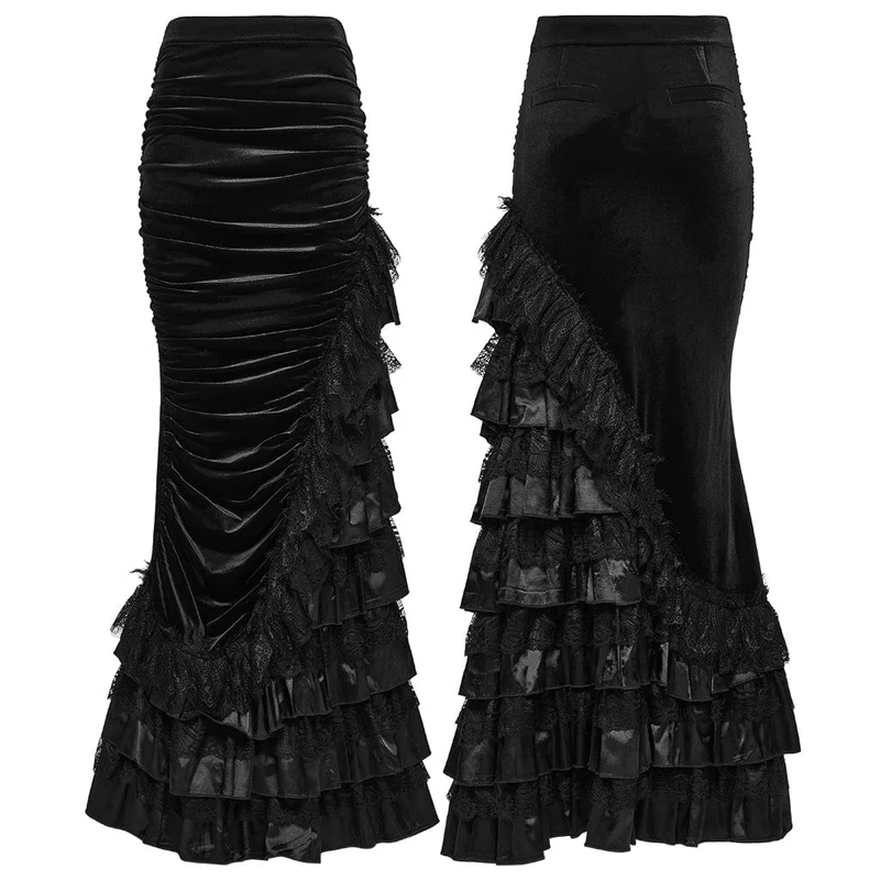 Gothic-Rock mit mehrlagigem Saum und Rüschen für Damen, Schwarz