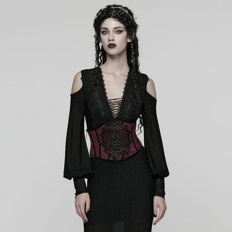 Gothic-Unterbrustkorsett mit Blumenmuster und seitlichem Reißverschluss für Damen, Rot