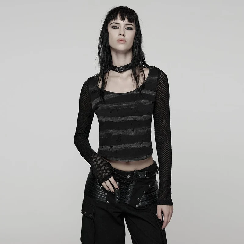 Damen Punk Schnallenriemen Mesh Splice Bedrucktes T-Shirt Schwarz-Grau