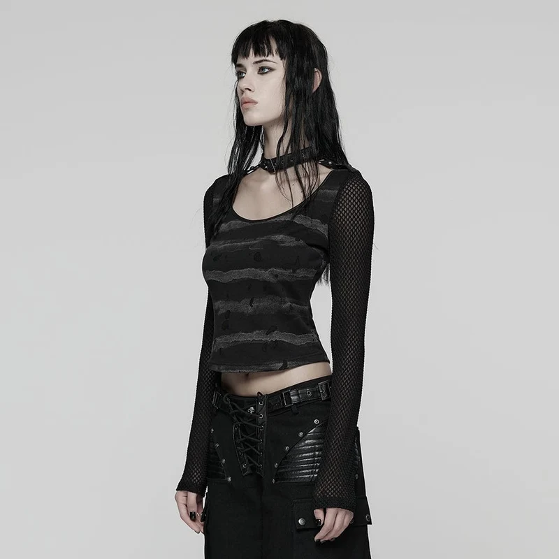 Damen Punk Schnallenriemen Mesh Splice Bedrucktes T-Shirt Schwarz-Grau